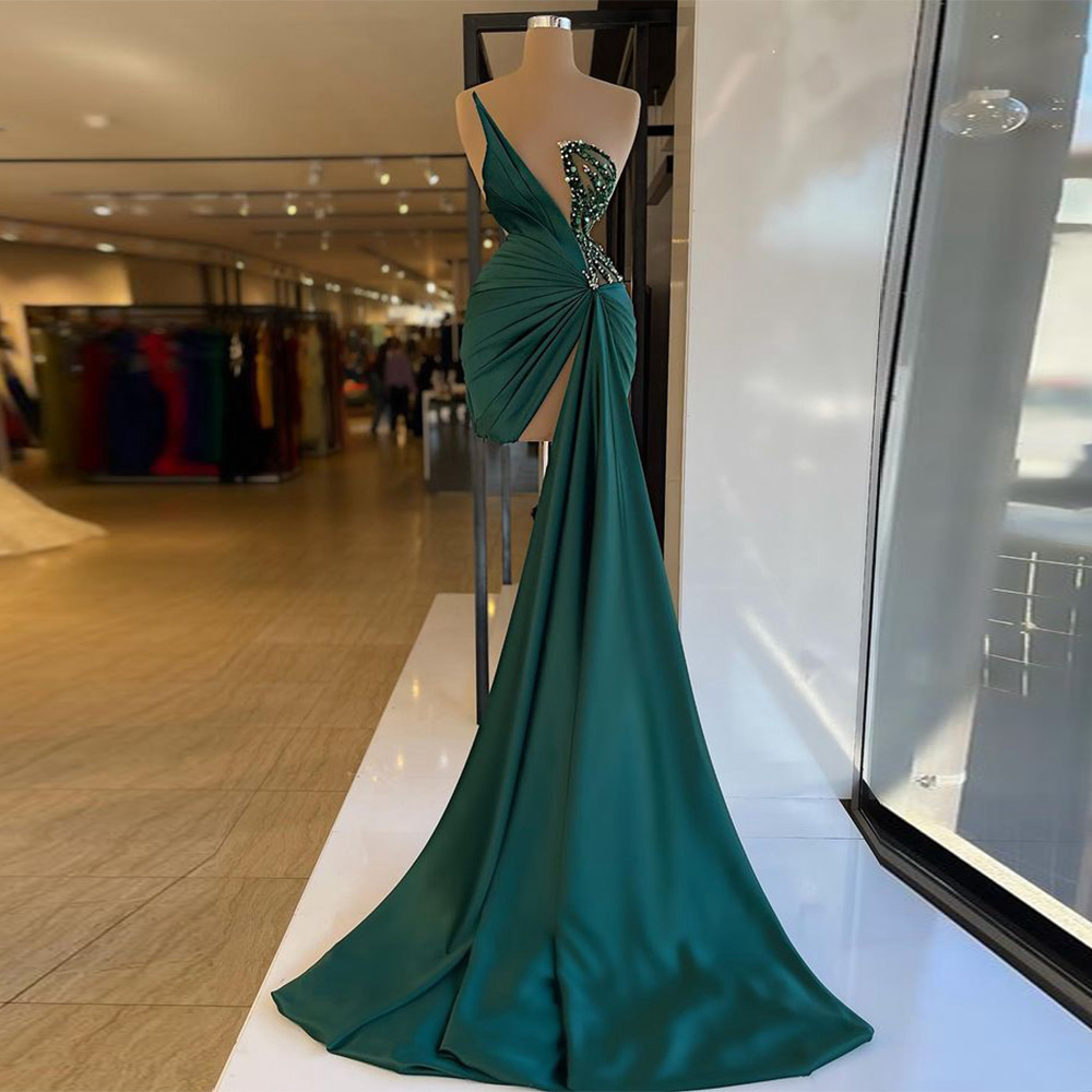 UOSU-신상품 짧은 이브닝 드레스, 비대칭 넥 비딩 주름 에메랄드 그린 무도회 가운 칵테일 파티 드레스 2022